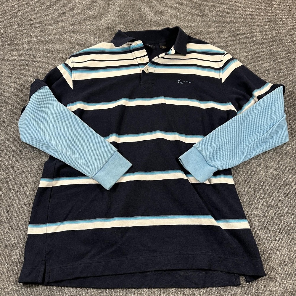 Kani Gold Polo Shirt Mens Large Blue Striped Good Layered Long Sleeve Logo